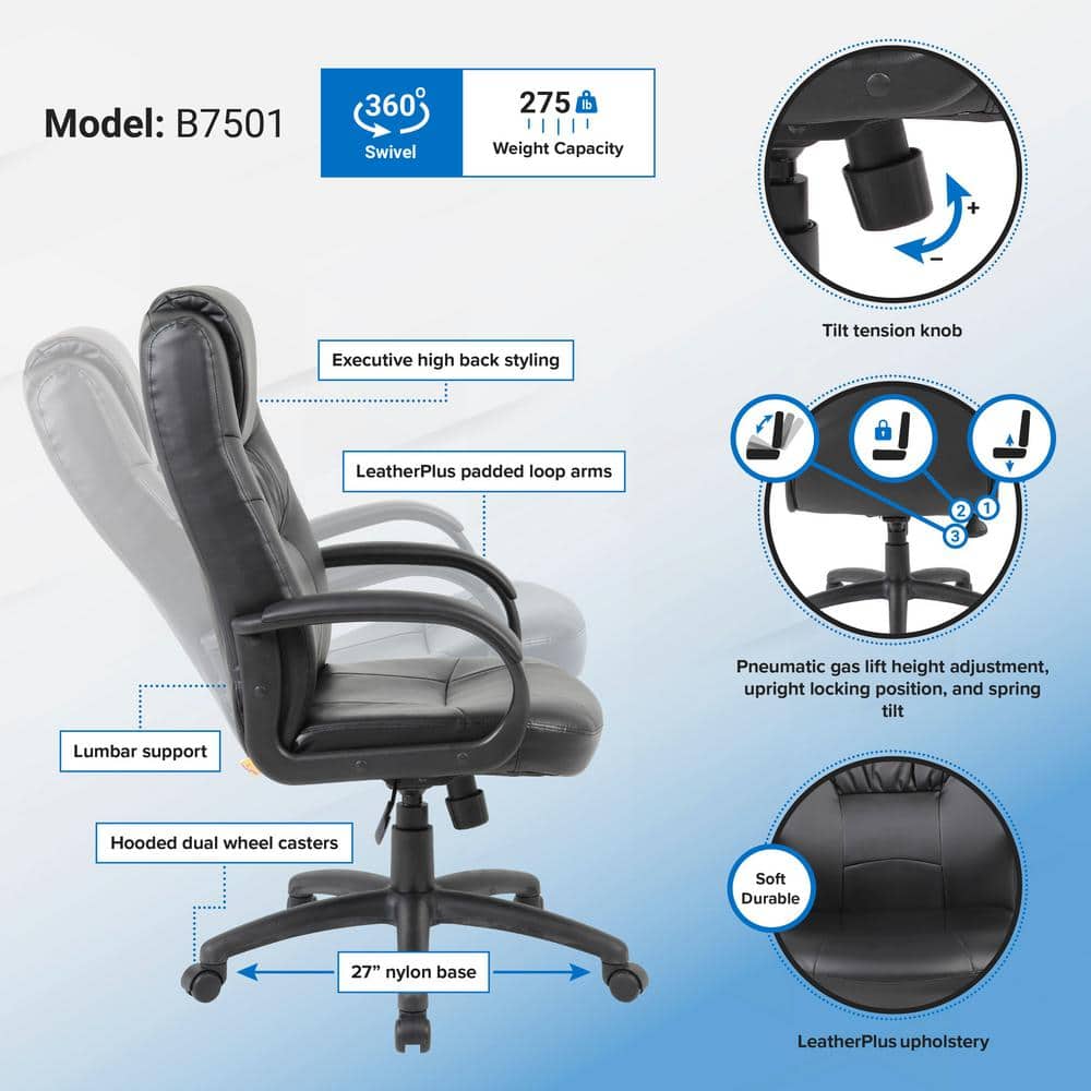 Black High Back Leather Executive Swivel Chair with Fixed Arms