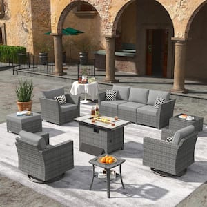 Bexley Gray 10-Piece Wicker Rectangle Fire Pit Patio Conversation Set with Dark Gray Cushions and Swivel Chairs