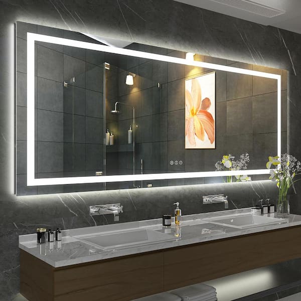 KIOTEE 88 in. W x 38 in. H Rectangular Frameless Front and Back Lighted Anti-Fog Wall Bathroom Vanity Mirror, Tempered Glass