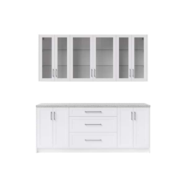 NewAge Products Home Bar 24 in. White Cabinet Set with Granite Countertop And Glass doors (7-Piece)