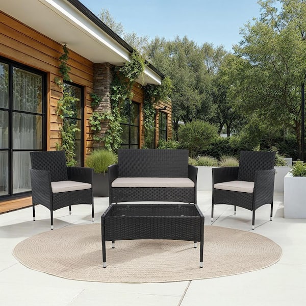 Abdul Black 4-Piece Wicker Patio Conversation Set with Light Gray Cushions
