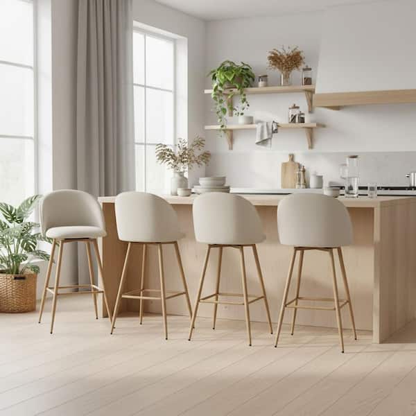Haseeb 26 in. Modern Swivel Upholstered Counter Height Bar Stool with Curved Back Ivory White Fabric/Oak Legs (Set of 4)