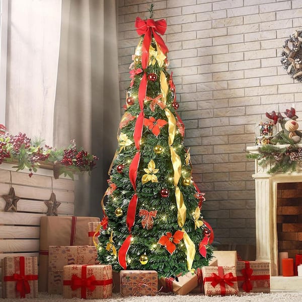 7.5 ft. Prelit Pop Up Collapsible Artificial Christmas Tree with 200-Warm White Lights, for Holiday Party Decoration