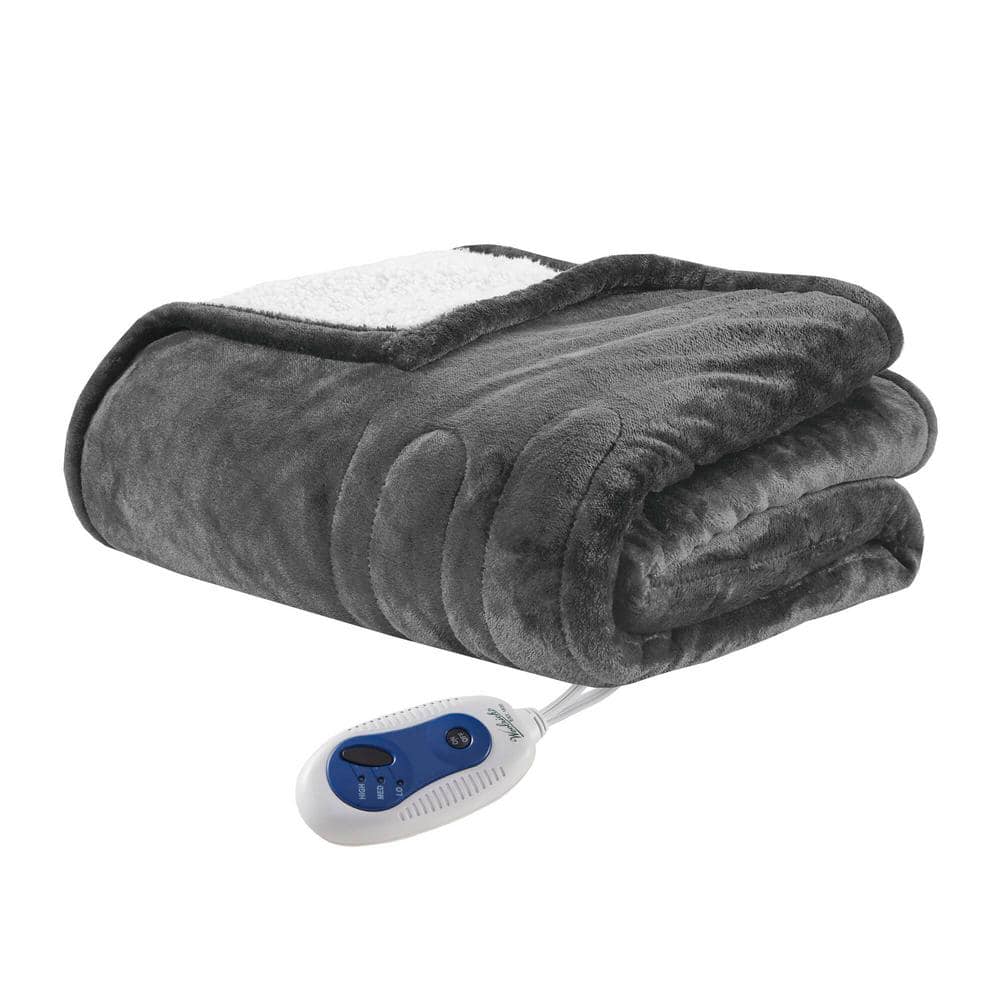Gray Electric Heated Reversible Sherpa Throw Blanket