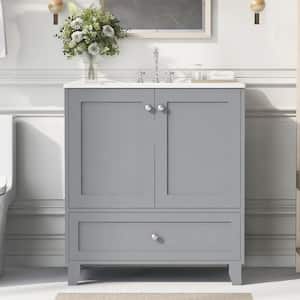 30 in. x 18 in. x 34 in. Stylish Freestanding Bathroom Vanity Storage Gray Cabinet with White Resin Sink, 2 Drawers