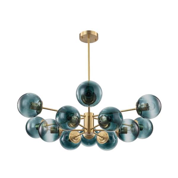 Ceder 12-Light 35.4 in.W Brass and Blue Modern Sputnik Tiered Chandelier with Gradient Blue Glass for Living Room