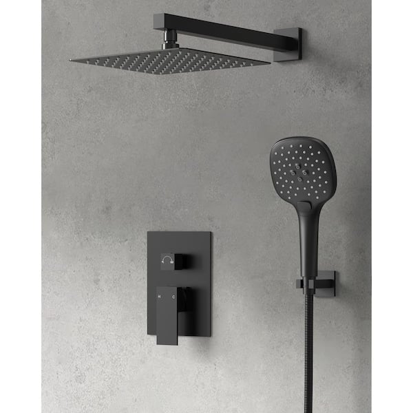 2-Spray Square High Pressure Wall Bar Shower Kit with 3 Modes Hand Shower in Matte Black (Valve Included)