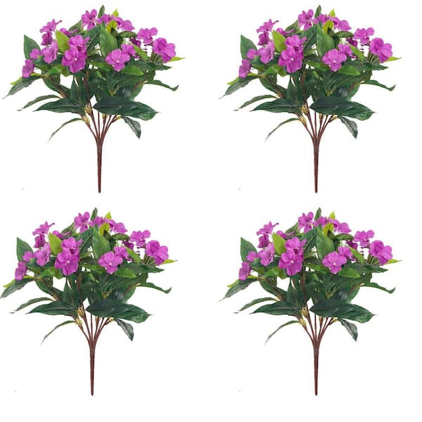 Artificial Purple Impatiens Bouquet Flowers Garden Statue, 4-Pack