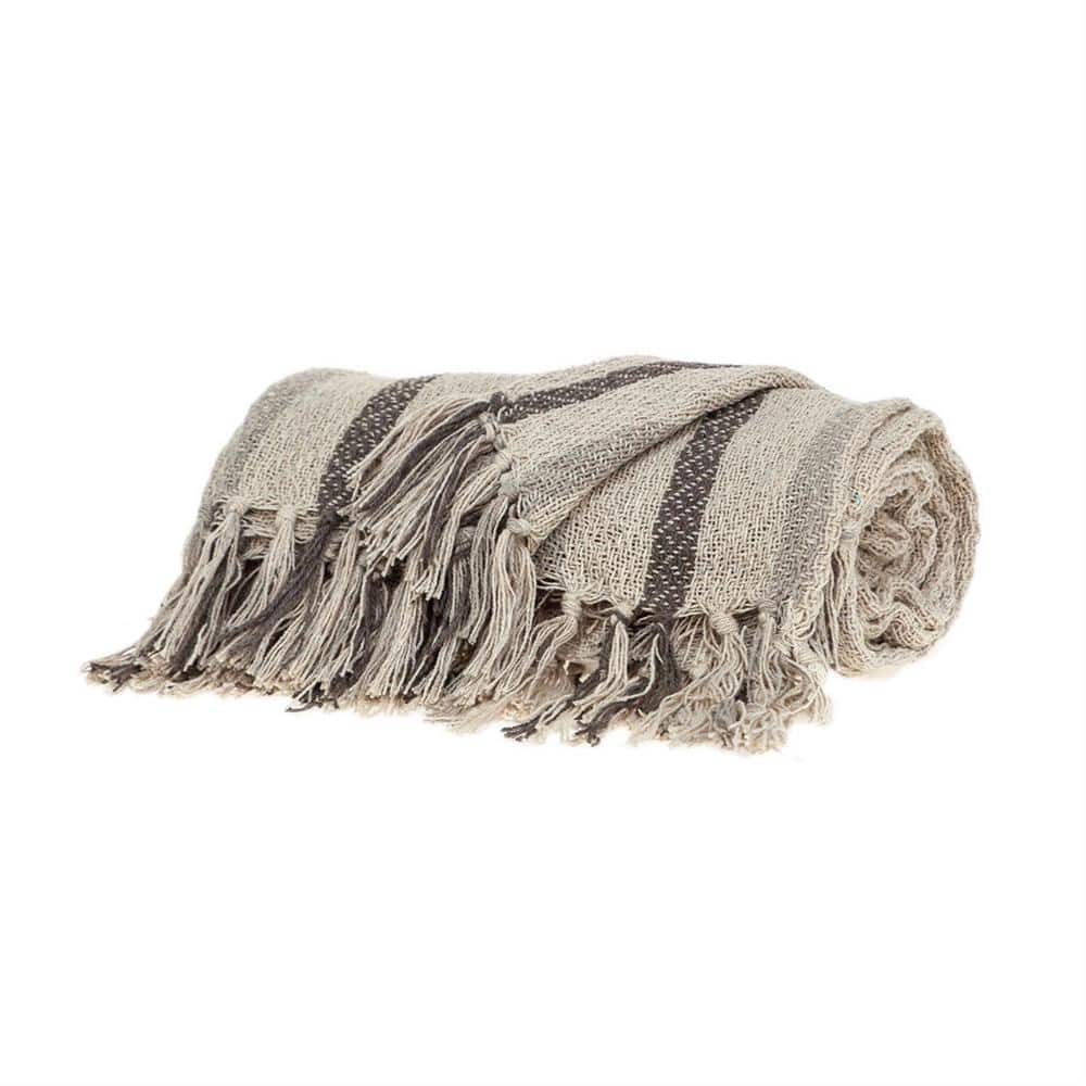 Beige and Taupe Woven Handloom Cotton Throw Blanket with Tassels