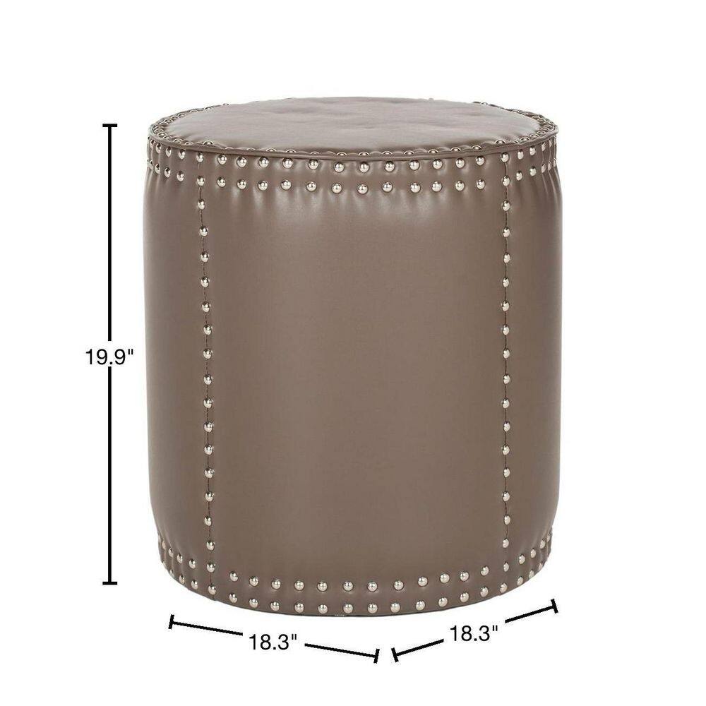 Clay Gray Bi-Cast Leather Round Ottoman with Brass Nailhead Trim