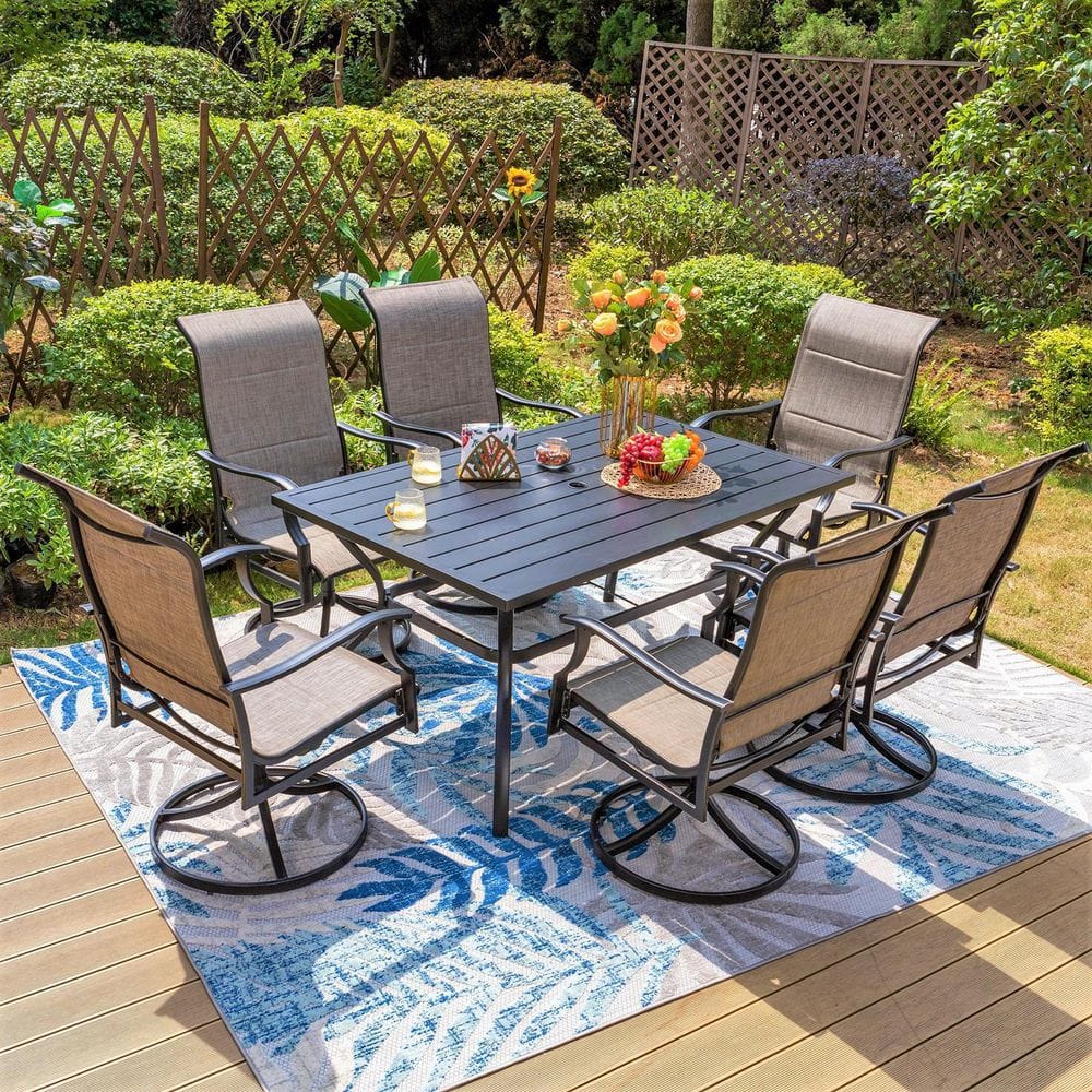 PHI VILLA Black 7-Piece Metal Outdoor Patio Dining Set with Slat ...