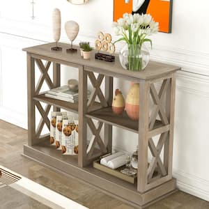 46.5 in. Rectangle White Wash Wood Console Table with 3-Tier Open Storage Spaces and X Legs