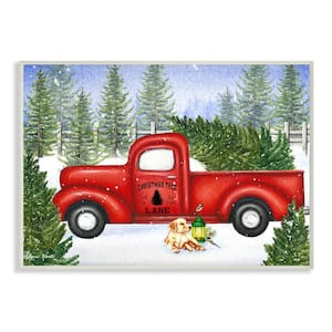 10 in. x 15 in. "Holiday Christmas Tree Lane Red Pickup Truck with Dog and Lantern" by Artist Sheri Hart Wood Wall Art
