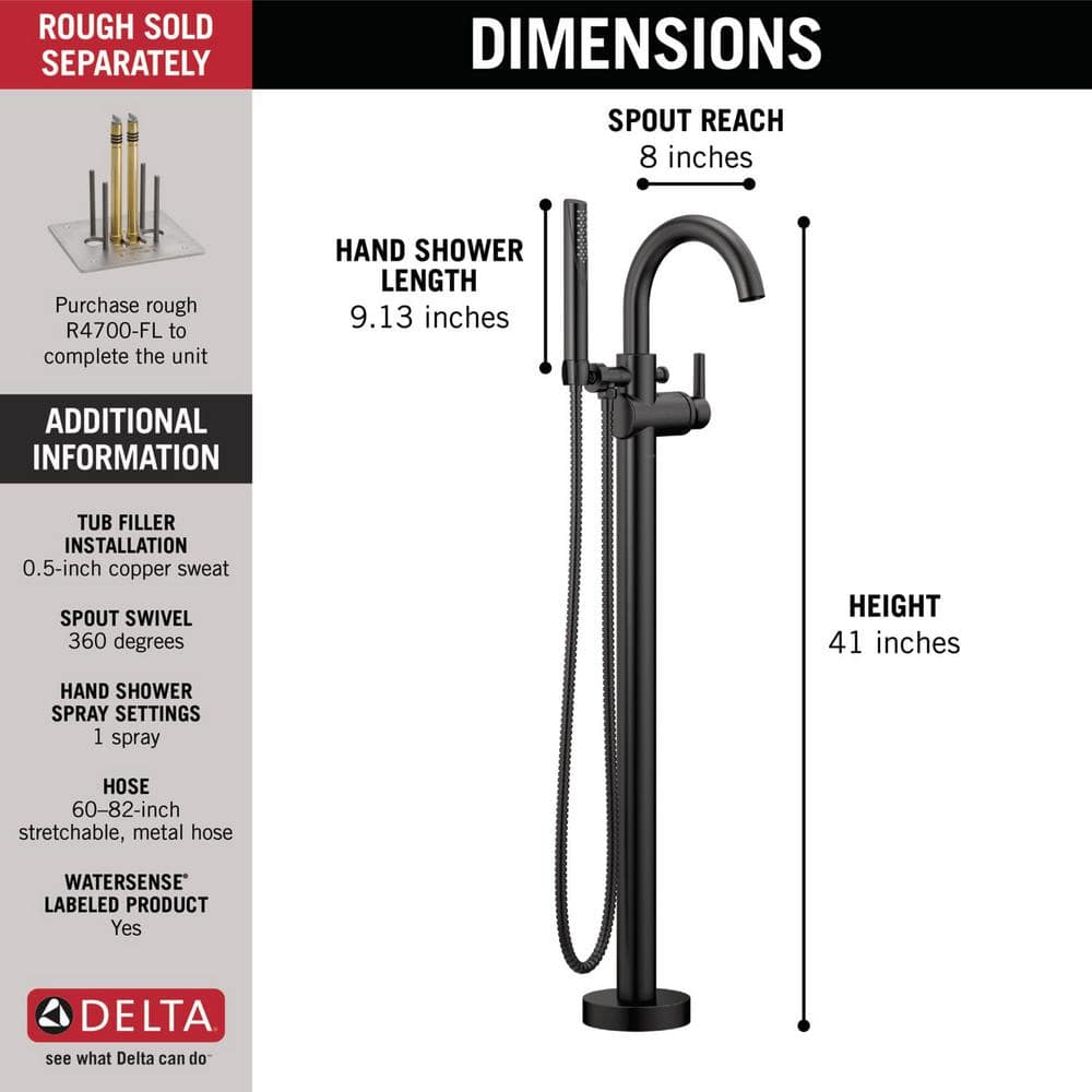 Matte Black Brass Floor Mounted Tub Filler with Handshower