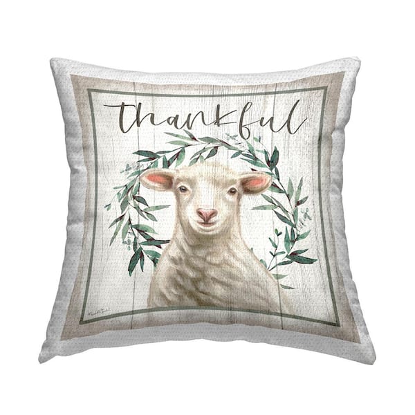 Stupell Industries Thankful Phrase Rustic Lamb Beige Square Outdoor Throw Pillow