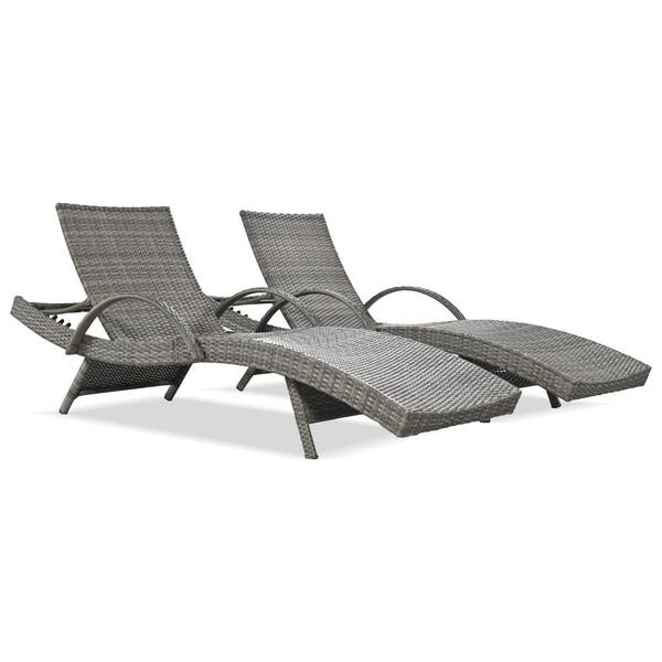 Anvil Gray 2-Piece Wicker Adjustable Outdoor Chaise Lounge Patio Lounge Chairs Pool Recliners with Pull-out Side Table