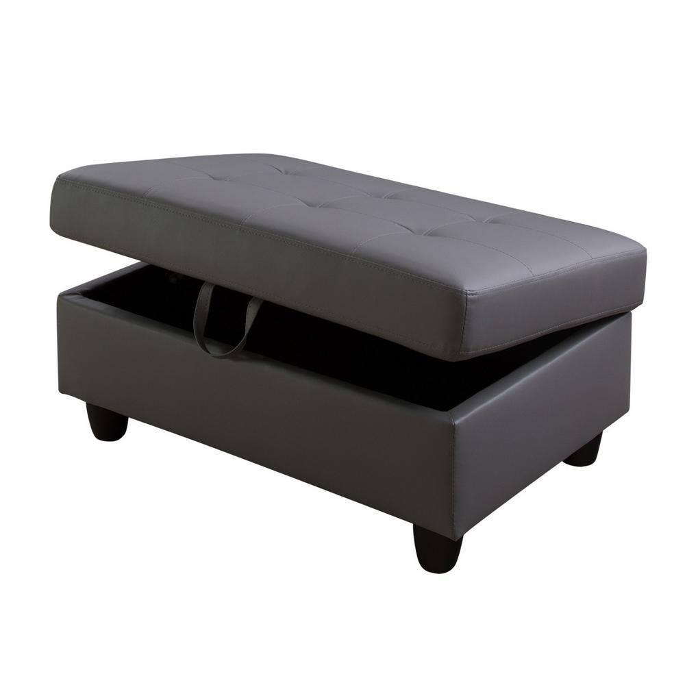 35" Dark Gray Faux Leather Storage Ottoman with Solid Wood Frame