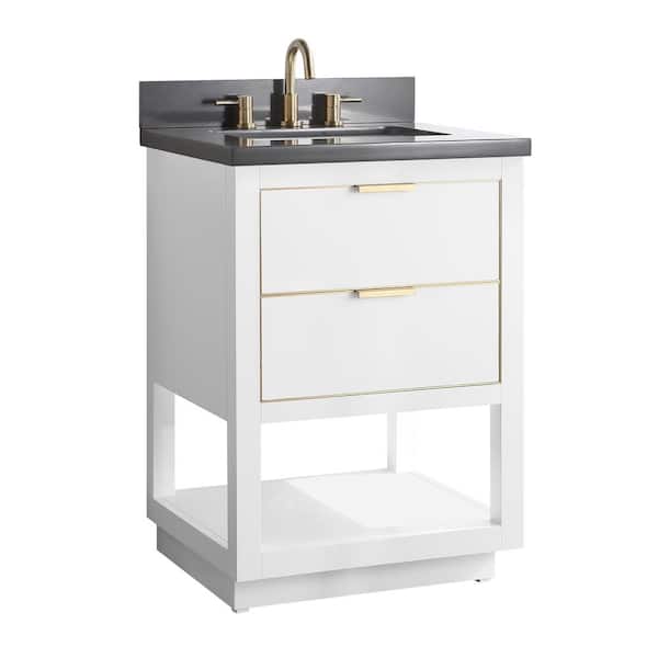 Allie 25 in. Single Sink White with Gold Trim Bath Vanity with Gray Quartz Top
