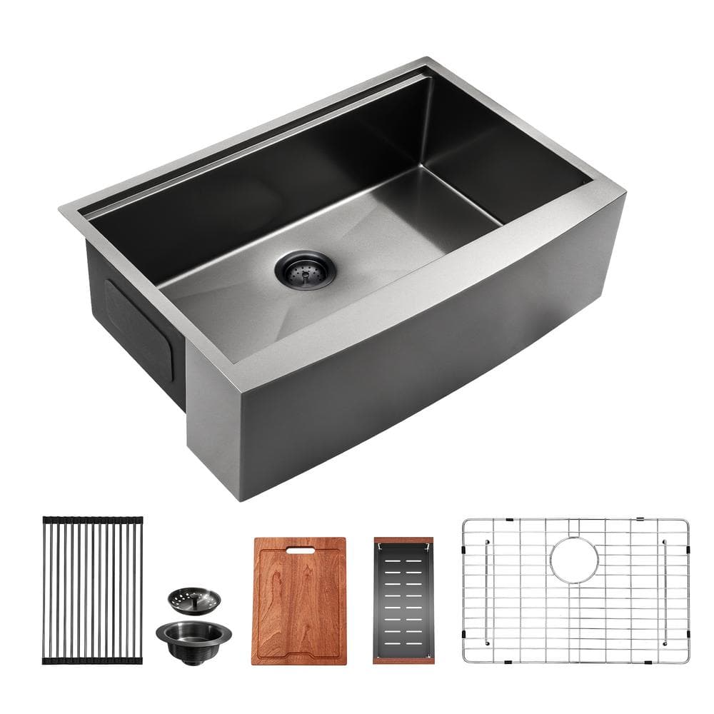 30 in. Farmhouse Apron Single Bowl 16 Gauge Gunmetal Black Stainless Steel Workstation Kitchen Sink with Bottom Grid -  Sarlai, QBDCTH3022R