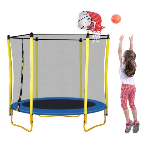 Yellow and Blue 5.5 ft. Trampoline with Enclosure, Hoop and Ball Included WYB31-12 - The Home Depot