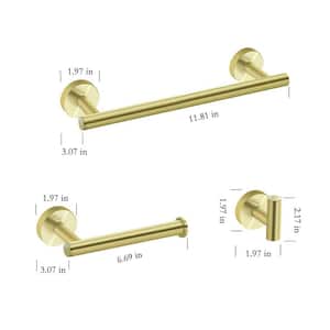 3-Piece Stainless Steel Bathroom Hardware Set with Towel Bar, Toilet Paper Holder and Towel Hook in Gold