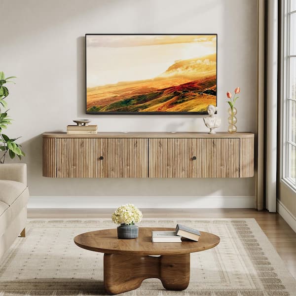 BYBLIGHT Ezlynn Light Brown 55 in. Wall Mounted TV Stand with 2