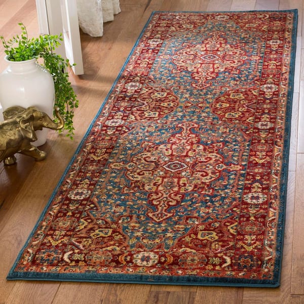 Kashan 3 ft. x 14 ft. Blue/Red Antique Border Runner Rug