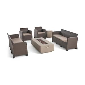 Comet 6-Piece Faux Wicker Outdoor Patio Fire Pit Conversation Set with Mixed Beige Cushions