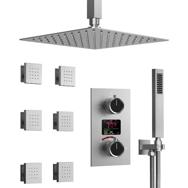 GRANDJOY Pressure Balance Temperature Display 3-Spray Ceiling Mount 12 in. Fixed, Handheld Shower Head 2.5 GPM in Brushed Nickel