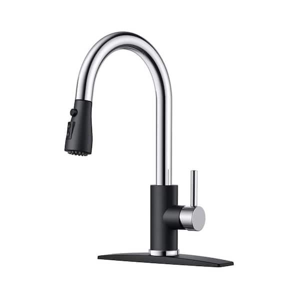 androme Single Handle Pull Down Sprayer Kitchen Sink Faucet with Deckplate 3-Spray Mode High-Arc Spout in Chrome and Black