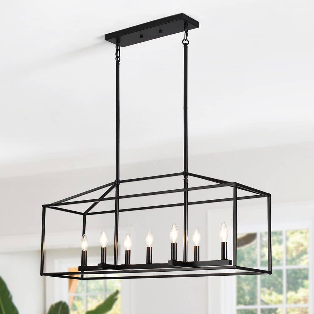 37.79 in. 7-Light Black Farmhouse Linear Kitchen Island Chandelier with Caged Metal Shade price history on PriceWatchPro