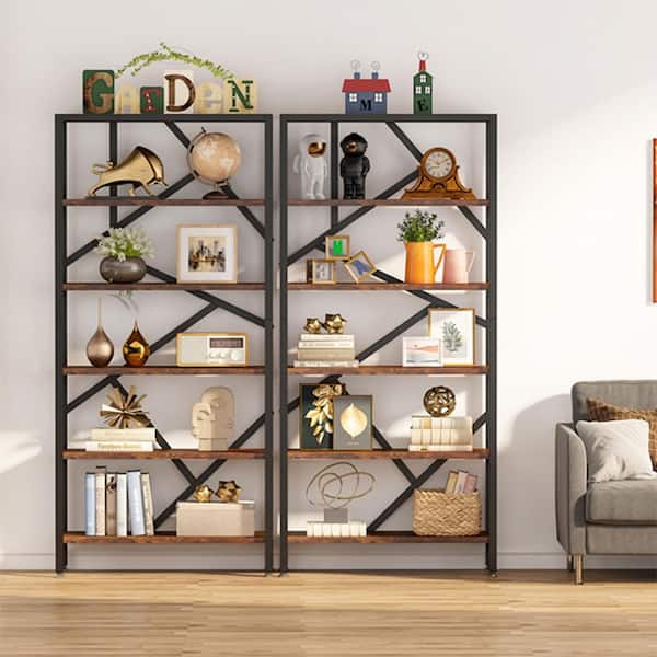 Hamilton 70.9 in. Tall Brown 2 pcs Wood 6-Shelf Etagere Bookcase Open Back, 11.8"D x 31.5"W x 70.87"H Modern Sets of 2