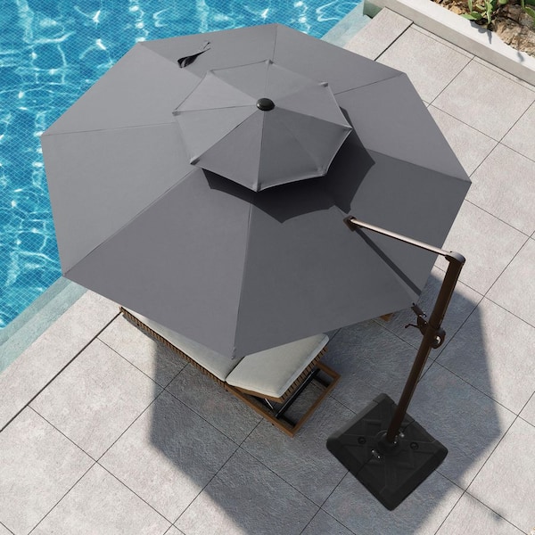 Pellebant 11.5 ft. Octagon Aluminum Cantilever Offset Adjustable Tilt Rotational Patio Umbrella in Dark Gray with Fillable Base