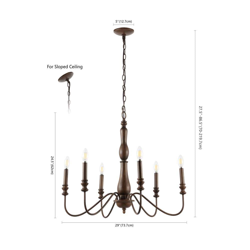 Victoria 29" Rustic Brown Iron 6-Light LED Candle Chandelier