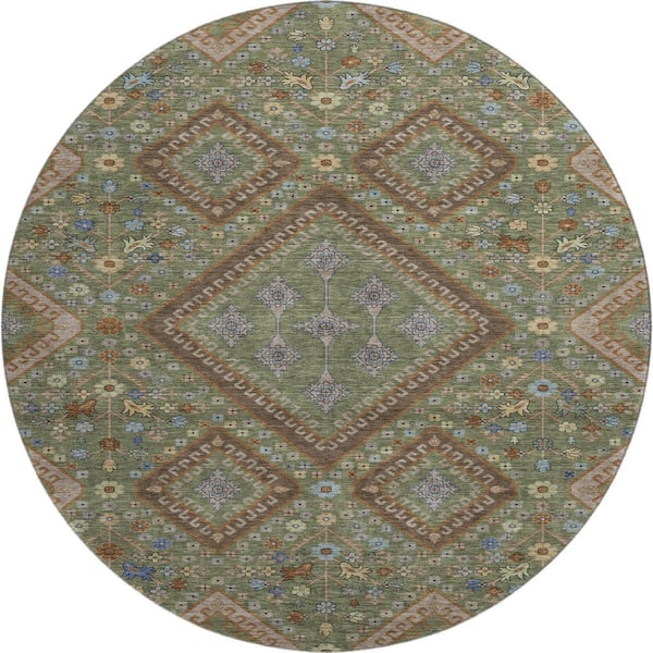 Mayfield Premium Machine Washable Abstract AMF2459 Olive 8 ft. x 8 ft. Round Rug
