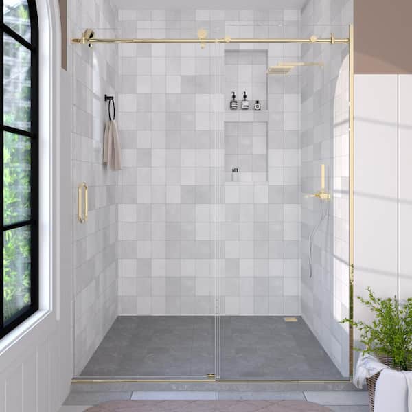 Hermitage Bath Brewo 60 in. W x 76 in. H Sliding Semi-Frameless Shower Door in Gold Finish with Clear Glass