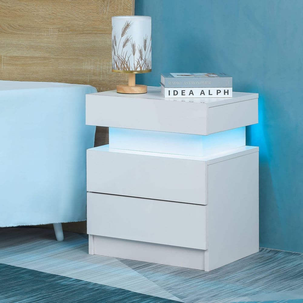 2-Drawer Modern White Nightstand with RGB LED Light (17.7 in. W x 13.8 in. 
