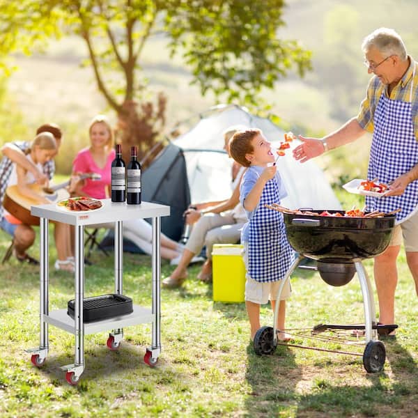 Kitchen Prep Table 24 x 18.1 x 33.9 in. Stainless Steel Rolling Table with Wheels and Brake Kitchen Utility Table,Silver
