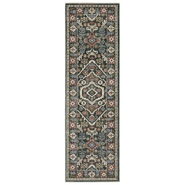 2 ft. x 8 ft. Green Floral Washable Area Rug