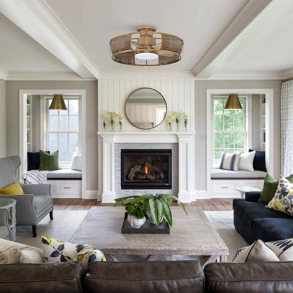 Natural Brass Rattan Flush Mount Ceiling Fan with LED Light and Remote