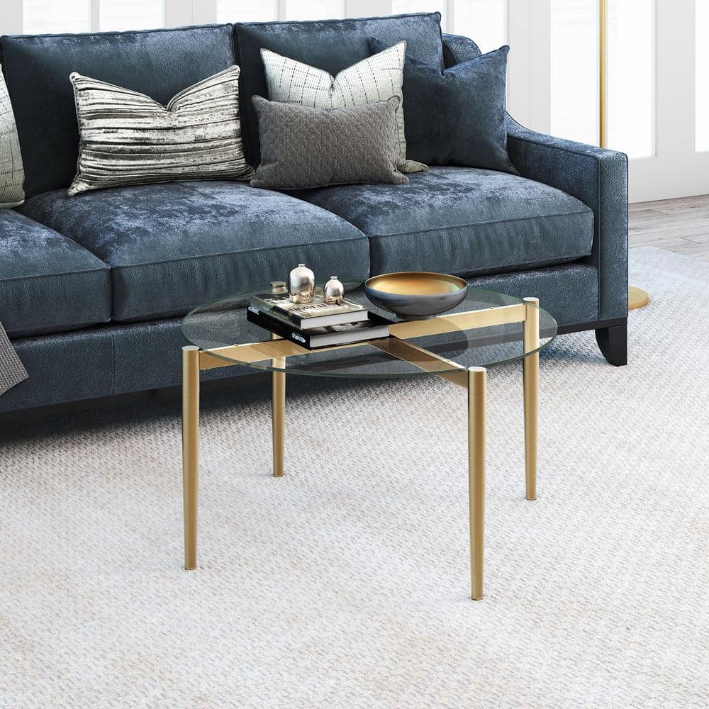 Elegant Mid-Century Modern Round Coffee Table with Tempered Glass Top, Brass Finish