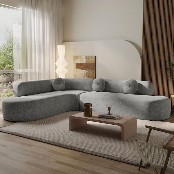 122 in. Extra Large Round Arm Chenille L-shaped Sectional Sofa in Gray with 3 Round Cushions, No Assembly Required