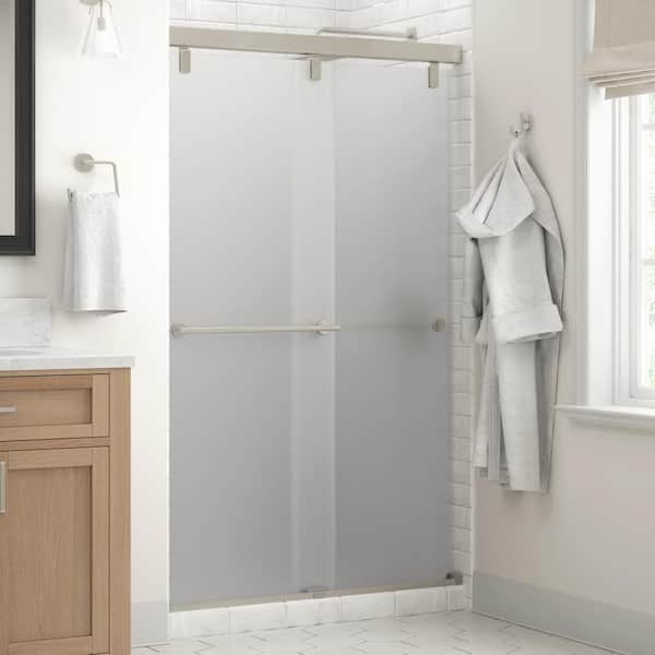 Delta Everly Mod 43-3/8 to 47-3/8 in. W x 71-1/2 in. H Soft-Close Frameless Sliding Shower Door in Nickel with Frosted Glass
