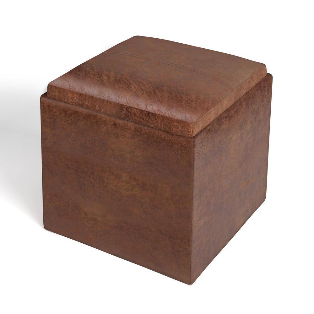 Rockwood Distressed Saddle Brown Vegan Leather Cube Ottoman