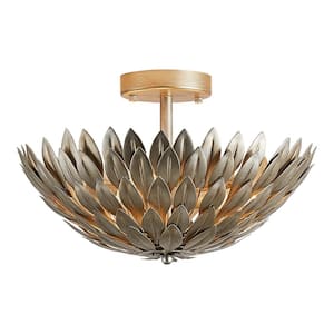 15.75 in. 3-Light Antique Gold Semi-Flush Mount Ceiling Light with Layers of Leaves Shade