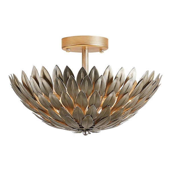 Parrot Uncle 15.75 in. 3-Light Antique Gold Semi-Flush Mount Ceiling Light with Layers of Leaves Shade