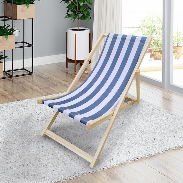 Tunearary Bohemian Folding Portable Sling Chair Wood Outdoor Lounge Chair with Blue Stripe