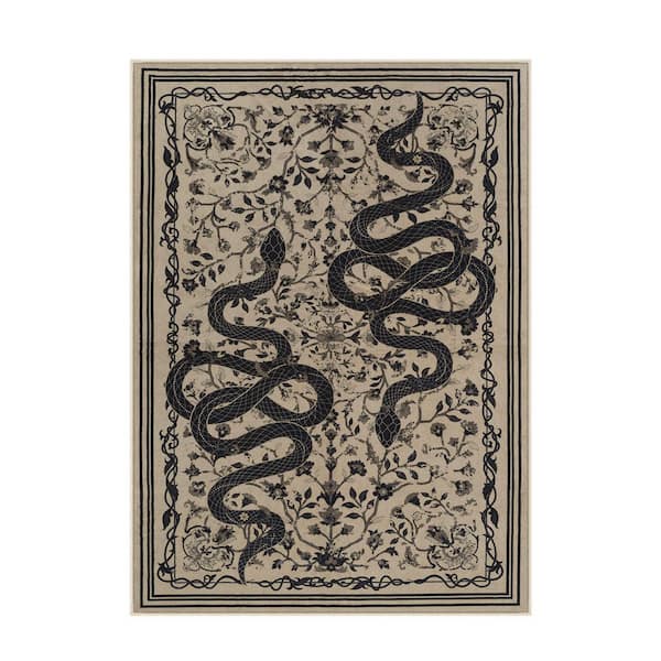 Washable Vintage Snake Pattern Non Slip Beige Serpent 5 ft. x 7 ft. Living Room/Bedroom Indoor Area Rug