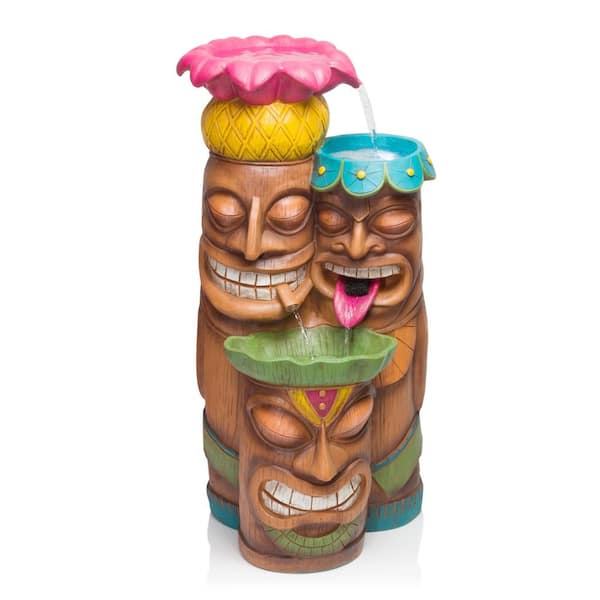 35 in. Tall Outdoor 3-Tier Tiki Head Waterfall Fountain Yard Art Decor, Multicolor
