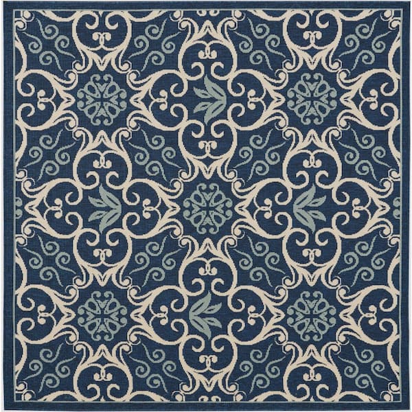 Nourison Caribbean Navy 5 ft. x 5 ft. Square Botanical Transitional Indoor/Outdoor Patio Area Rug